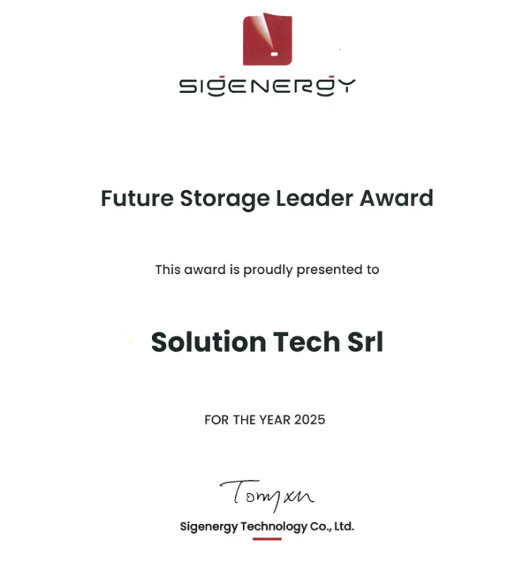 Solution Tech premiata da Sigenergy come “Future Storage Leader 2025”